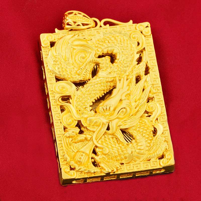 Collana con ciondolo da uomo in ottone con perline in sabbia vietnamita, accessori in oro, drago, totem, carta quadrata_voghion.com
