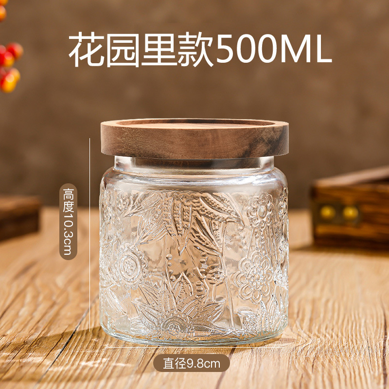 Tarro de almacenamiento de flores de Begonia vintage con tapa de madera tarro de almacenamiento tarro de vidrio sellado granos de té de frutas secas fábrica al por mayor