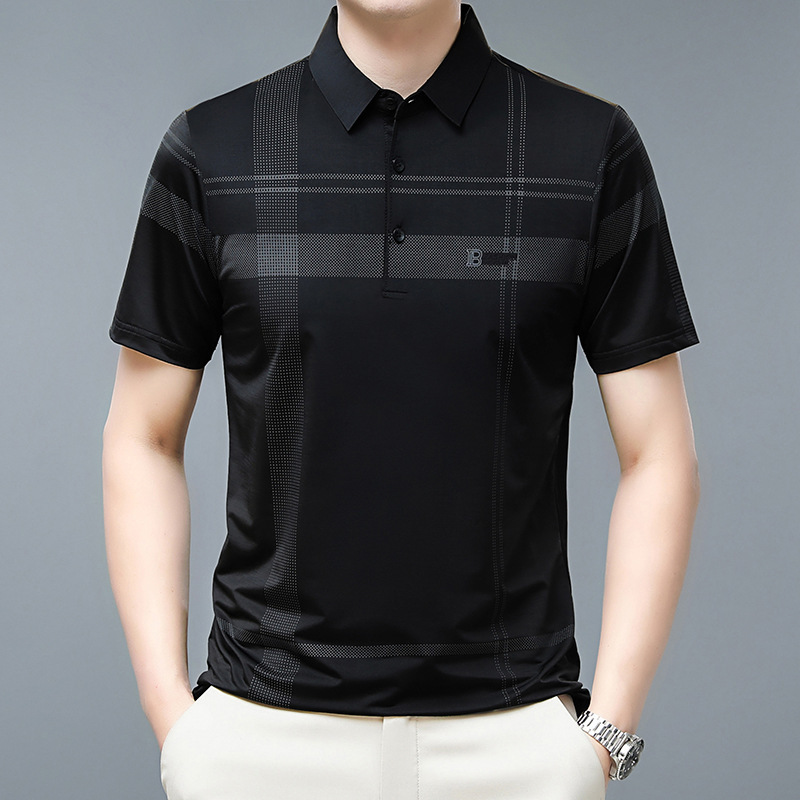 2025 New Summer Short-Sleeved T-Shirt Men's Lapel Men's Ice Silk Thin Loose Polo Shirt Men's Middle-Aged and Elderly Tops