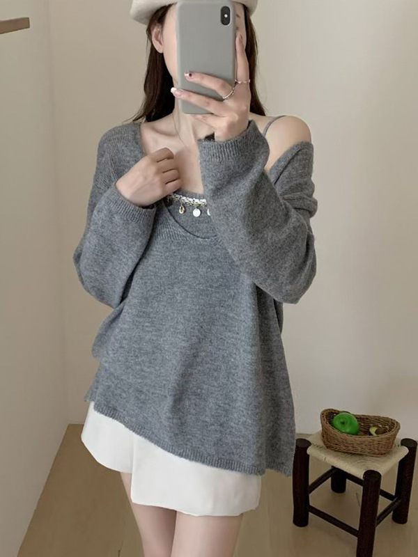 U领贝壳蝴蝶结针织衫套装女2025秋冬新款设计感吊带两件套毛衣潮|undefined