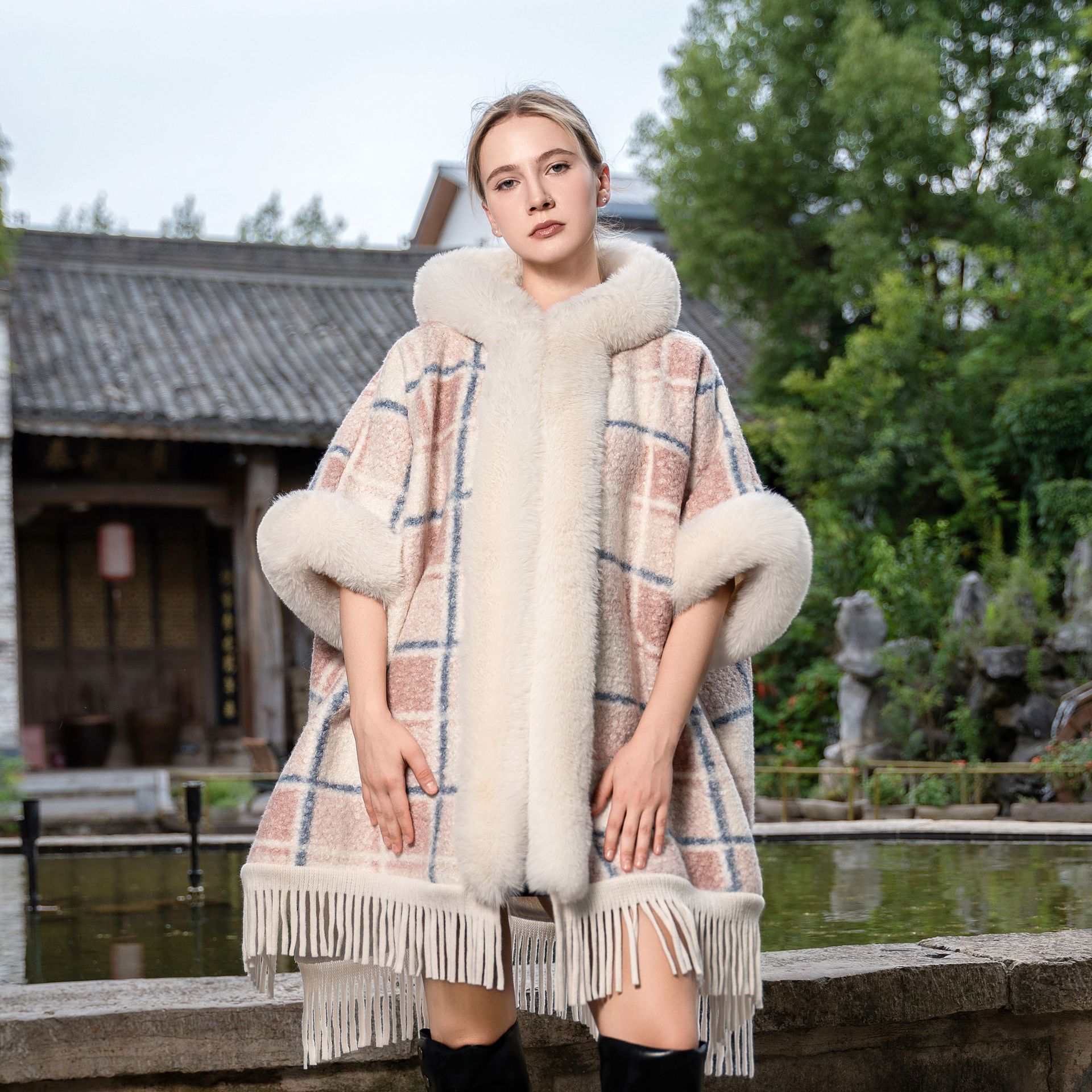 Cross-Border Autumn and Winter Thickened Hooded Plaid Warm Cape Knitted Plush Versatile Thick Coat with Tassels for Women