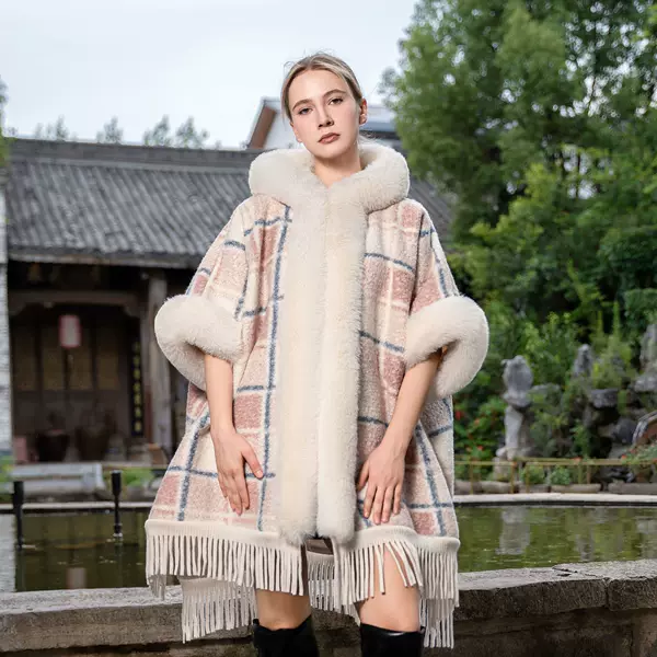 Cross-Border Autumn and Winter Thickened Hooded Plaid Warm Cape Knitted Plush Versatile Thick Coat with Tassels for Women