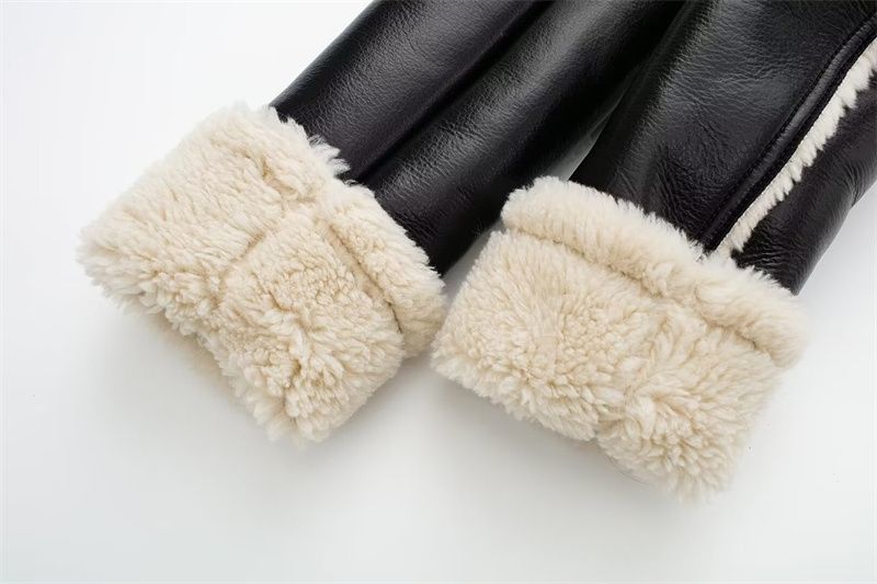 Vêtements pour femmes Automne et hiver veste de moto à revers double face pour femmes à la mode taille haute slim court haut à glissière de couleur contrastée_voghion.com