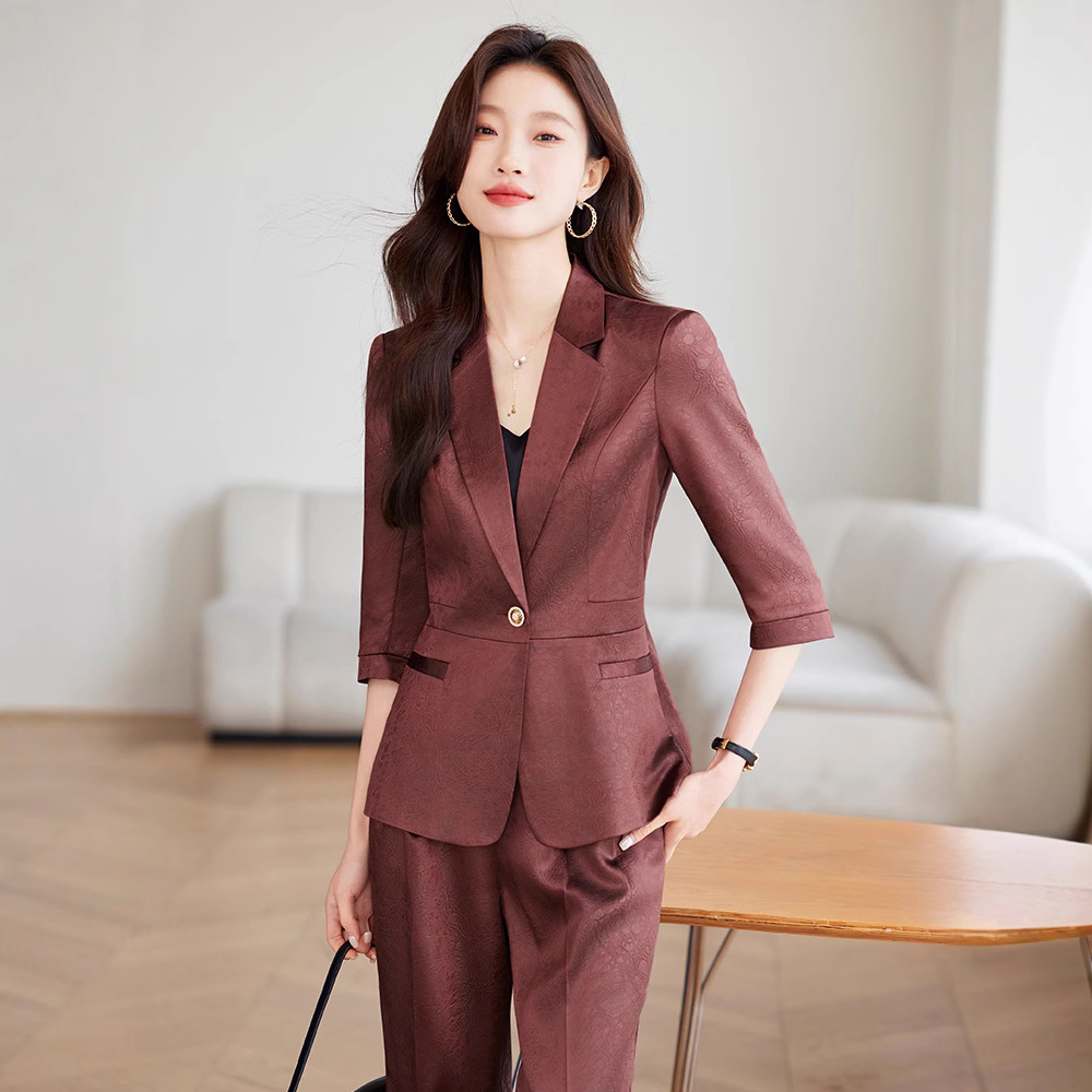 wine red Fashion Spring Summer Autumn Seven-point Sleeve Small Suit Collar Jacket Women's Pants Elegant Two-piece Suit Business Wear