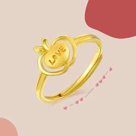 新款时尚设计爱情苹果戒指女黄金色Love开口可调节食指戒气质指环