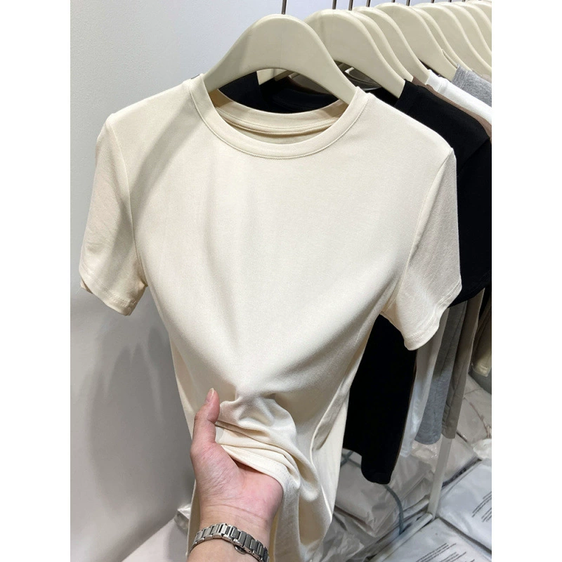 2025夏季新款基础显瘦圆领短袖T恤女纯色打底半袖体恤正肩ins上衣