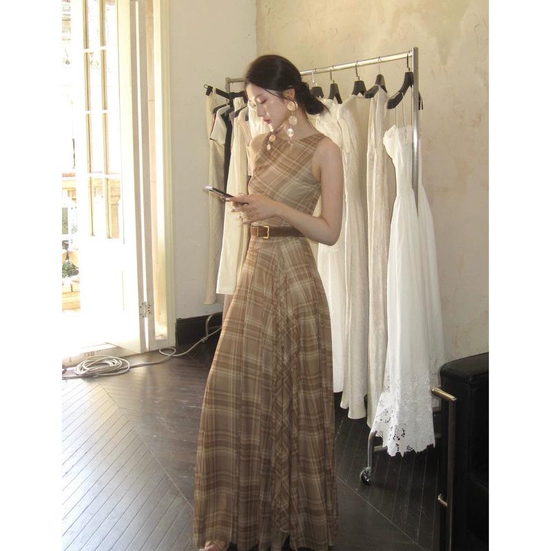 Женское летнее платье-жилет в французском ретро-стиле, клетчатое, без рукавов, с элегантной завышенной талией и длинной юбкой, новинка лета 2025 года