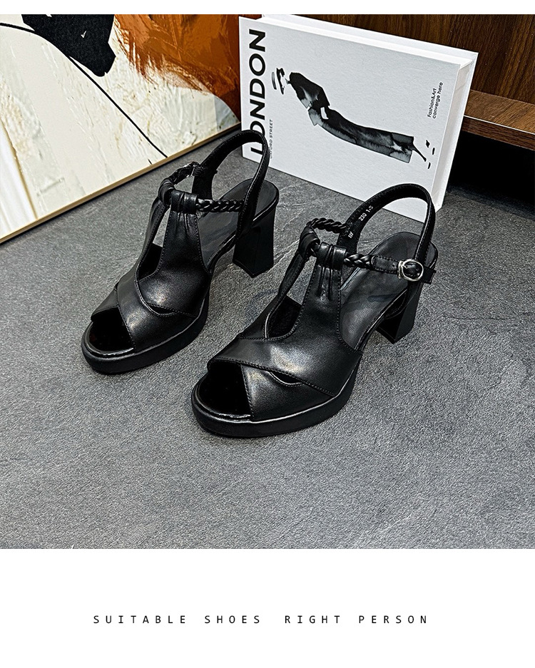 Sandal cao gót nữ mũi cá da thật đế platform quai ngang dệt kim gót thô 9 cm — Màu be chi tiết 14