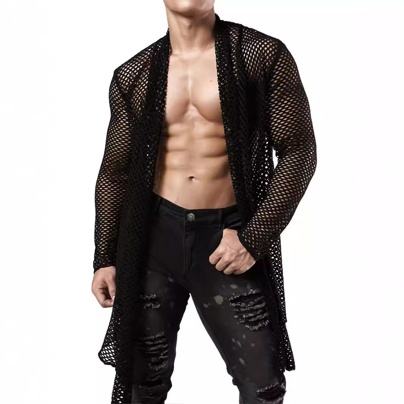 Cross-Border Foreign Trade 2026 Personalized Long-Sleeve European and American Men's Street Fashion Shirt, Long Mesh Hollow-Out Sexy See-Through Cardigan