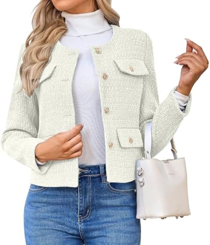 Chaqueta Corta de Tweed de Poliéster con Cuello Redondo y Botones para Trabajo image 7