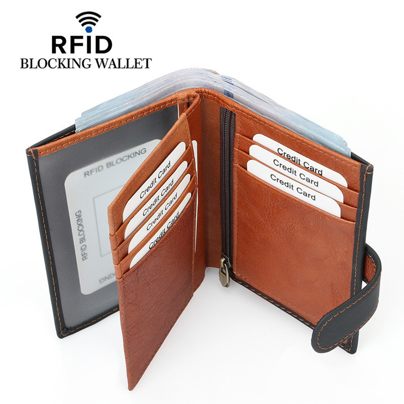 Cross-border Hot Buckle European ID Bag Retro RFID Top Layer Cowhide Zipper Coin Belt Loose-leaf Men's Wallet