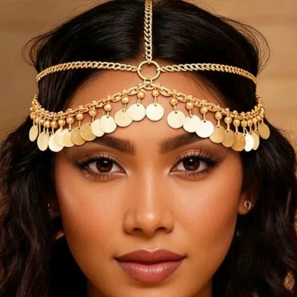 Cross-Border New Environmentally Friendly Material Golden Simple Tassel Sequin Hair Chain Desert Exotic Princess Jewelry Head Chain