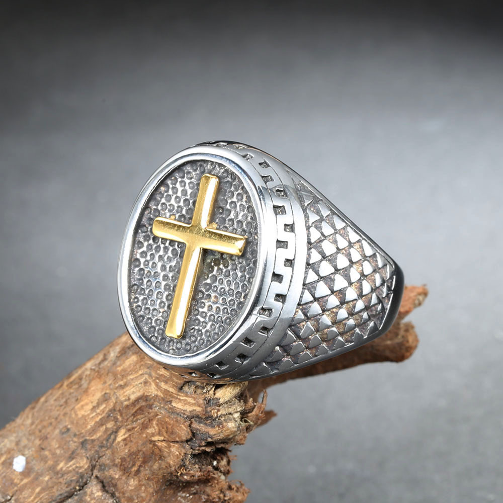 Cross Pattern Hip-Hop Cross Titanium Steel Plating 18K Gold Plated Men'S Rings Men Signet Rings