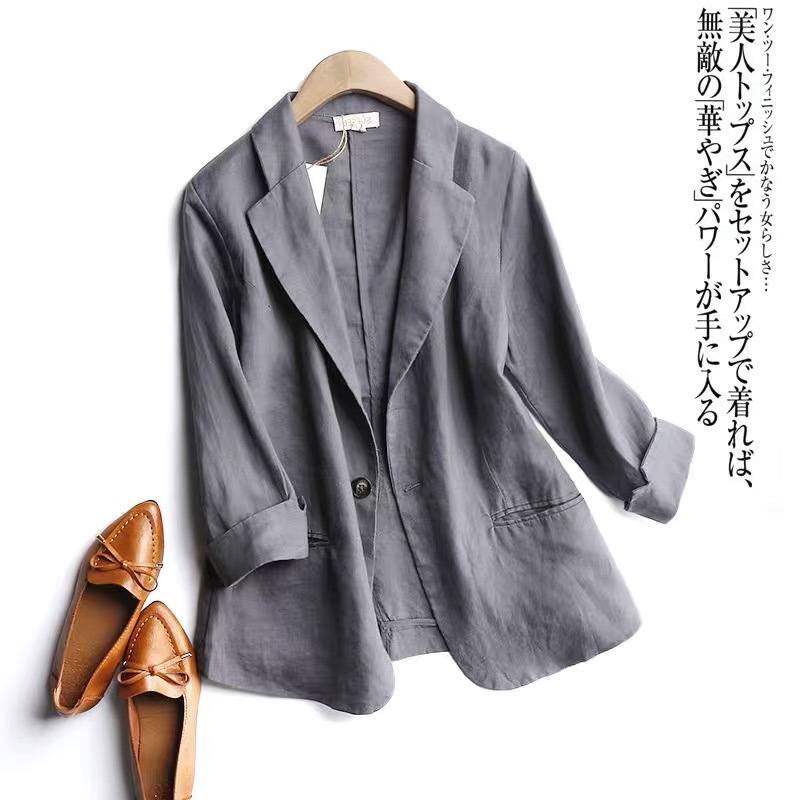綿麻の小さいスーツのコートの女性の春の夏のゆったりしている気質はやせています。|undefined