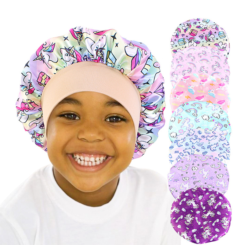 Unicorn cute cartoon printed children's satin nightcap baby hair care cap elastic wide-brimmed round hat