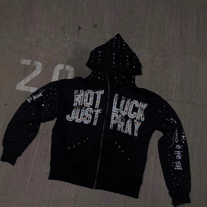 Letter Versatile Rhinestone Sweatshirt Cardigan Hooded Jacket New Trendy Brand Full Rhinestone Popular Personality Street Sweatshirt