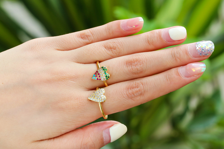 Zircon Inlay Material Fashion Colored Diamond Peach Heart Opening Adjustable Ring