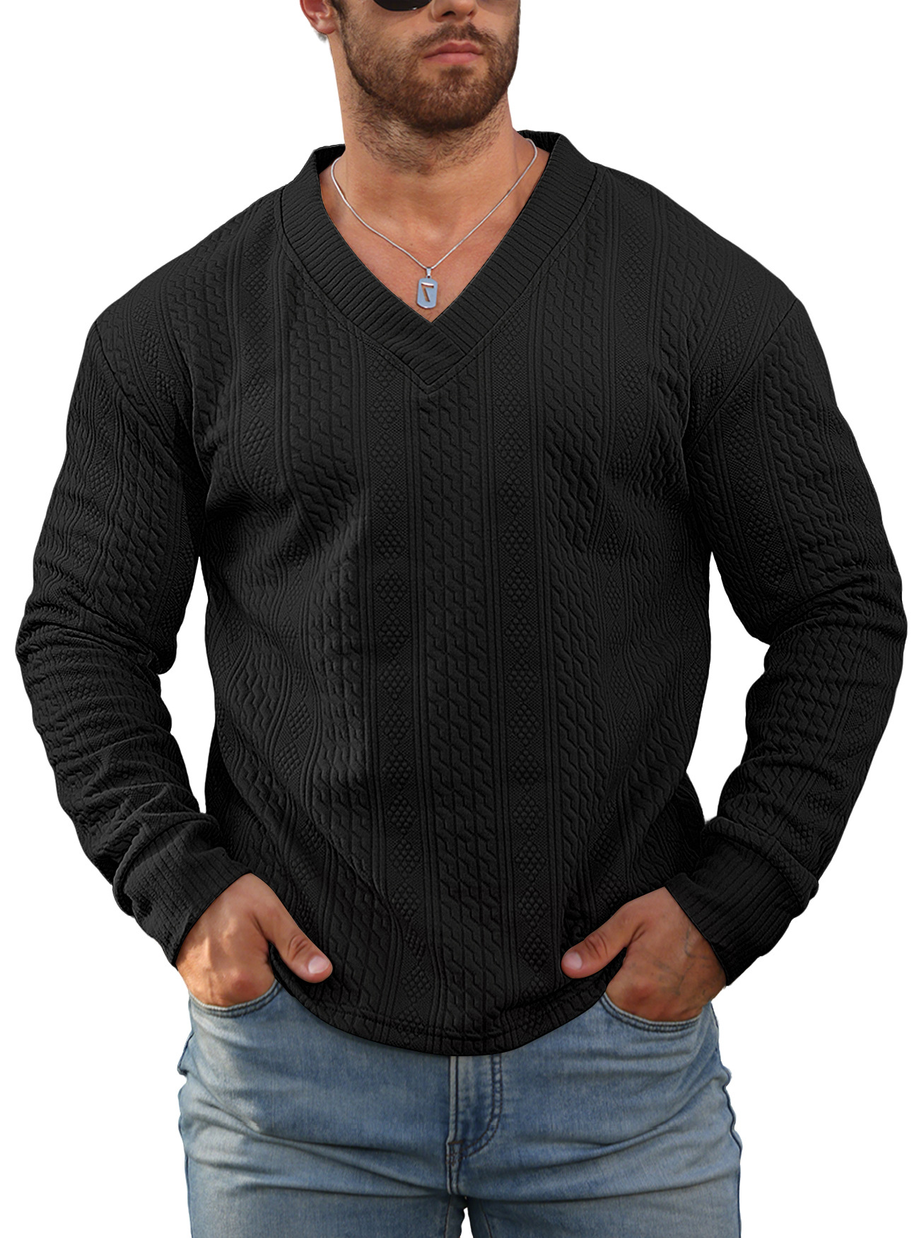 Transfronterizo Europa y América Amazon primavera y otoño ropa de hombre Jacquard de color sólido camiseta de fondo suelta de cuello V camiseta deportiva casual hombre