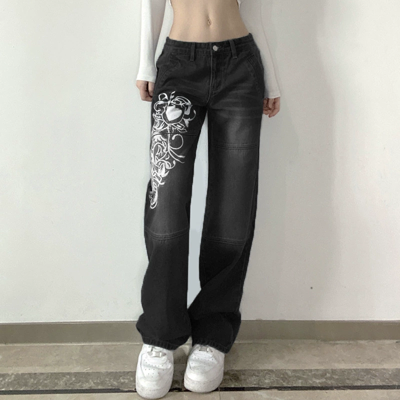 leather pants WeiYao Vintage Print Y2K Low Waist Denim Jeans Aesthetic 90s Grunge Trousers Women Retro Straight Sweatpants Harajuku Outfits zara jeans