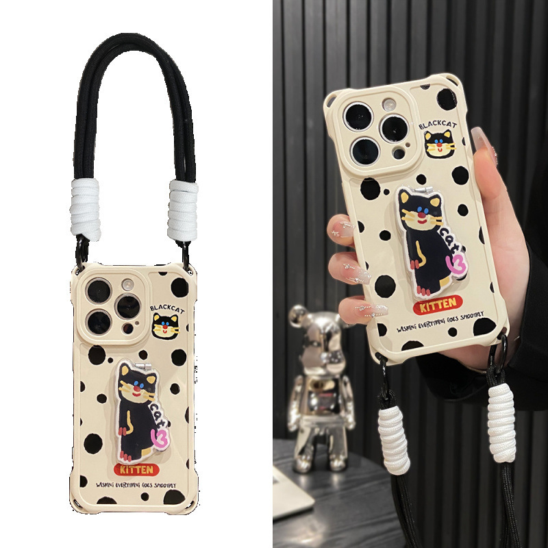 Spotted kitten bracket for Apple 16promax mobile phone case anti-fall lanyard Huawei p70 Xiaomi vivo
