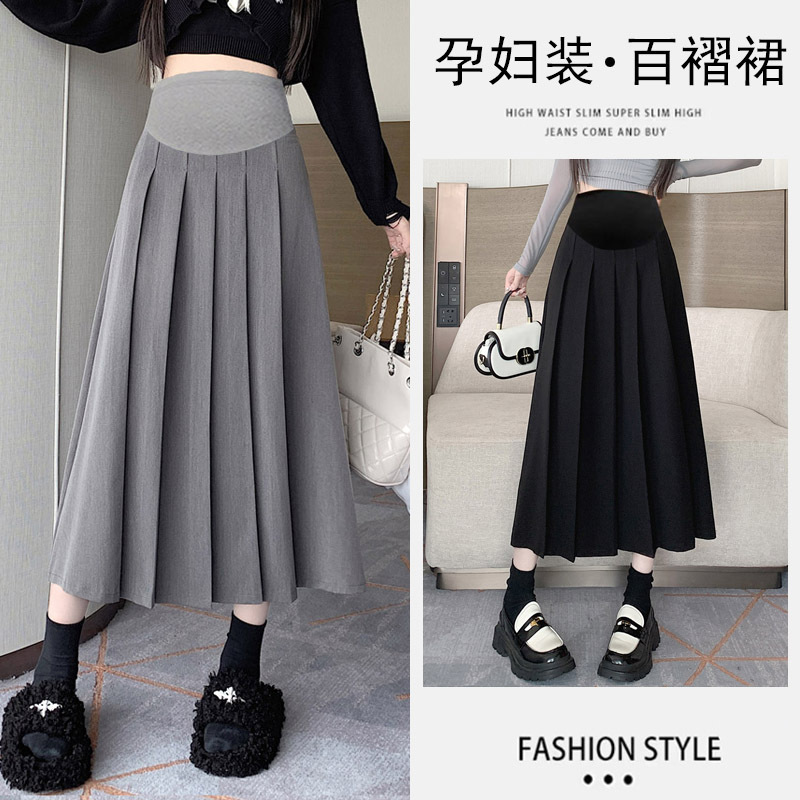 In stock pregnant women's suit pleated skirt slimming skirt Women's Spring and Autumn new mid-length woolen high waist A- line skirt