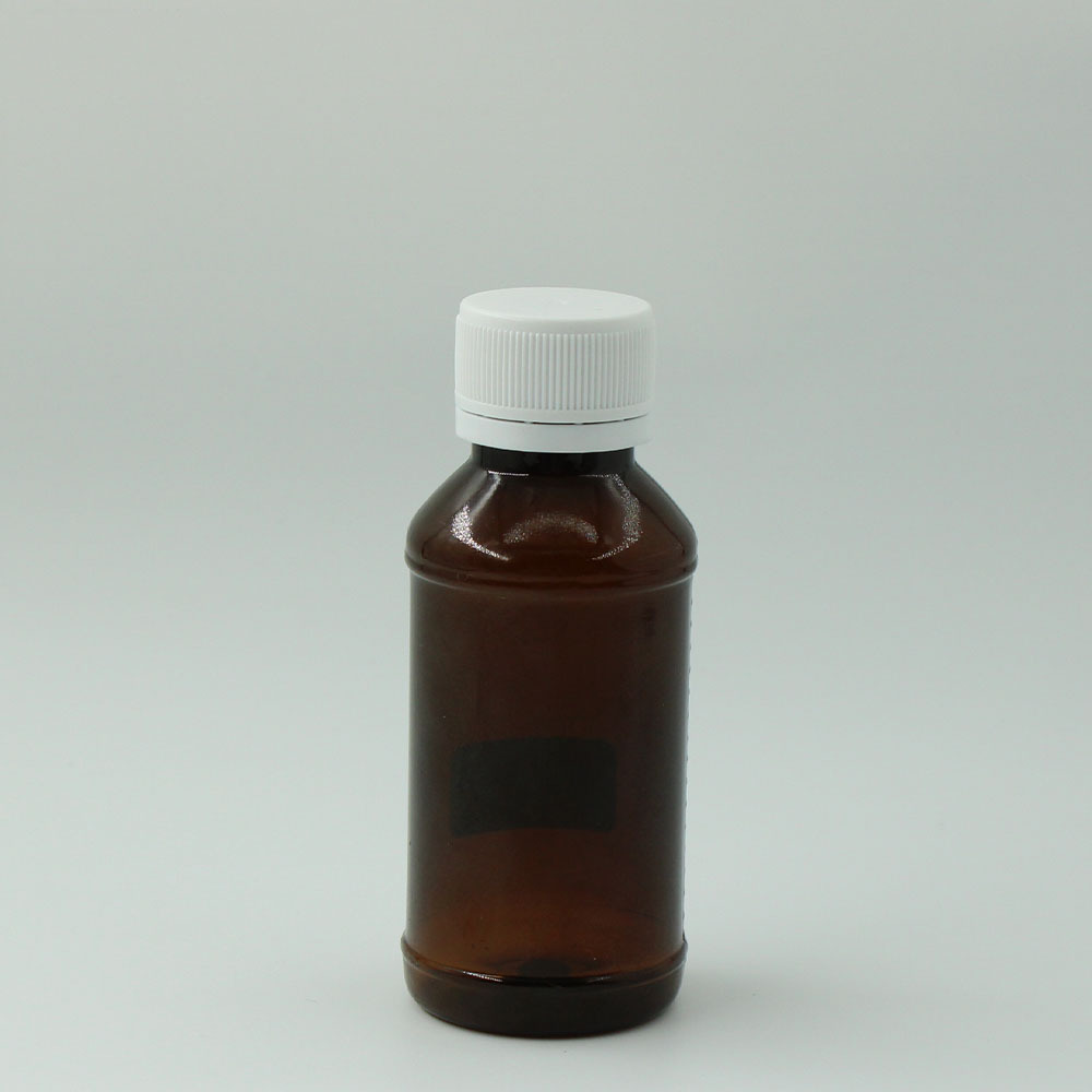 现货100mlpet食品级避光带刻度带量杯斜肩口服液体糖浆瓶化工试剂