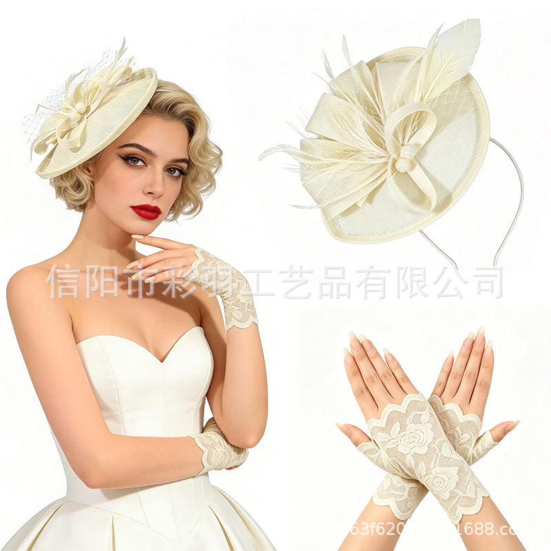 Amazon's best-selling high-end fashionable headpiece and glove set for elegant outfits, suitable for horse racing festivals and banquets