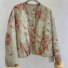 冬季新款新中式国风鹅绒羽绒服水貂毛复古提花保暖圆领外套女潮流