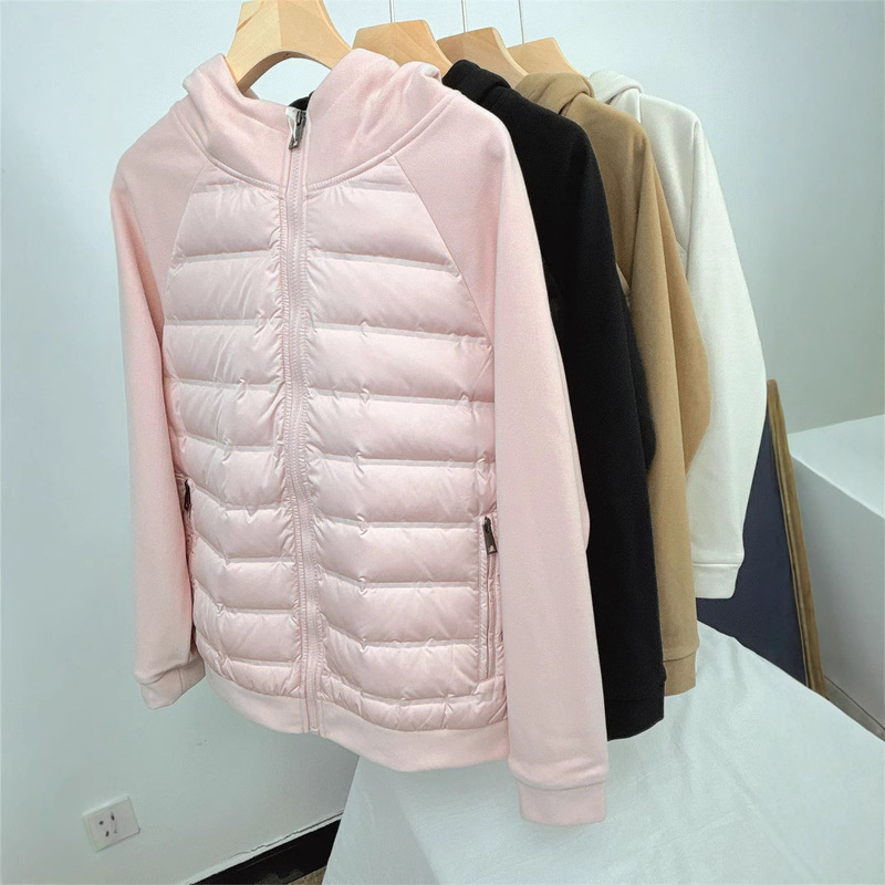 (Recommended by Couples) Spliced Sweatshirt Hood for Men and Women, 90% White Duck down Thin Knitted Jacket for Couples