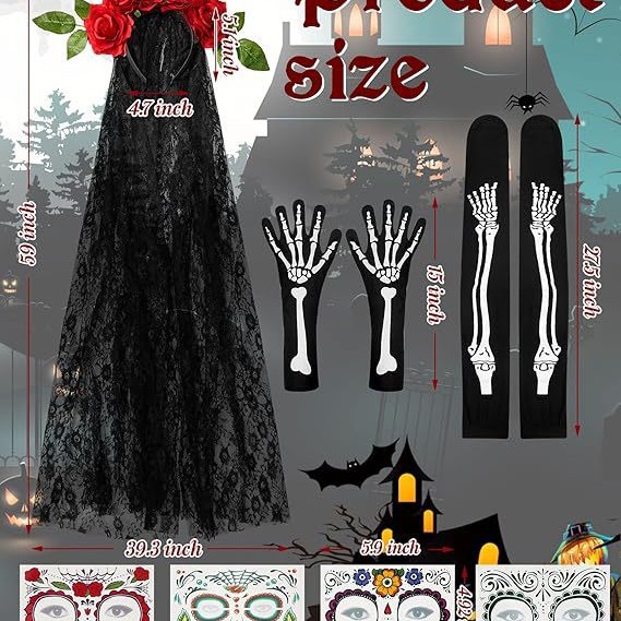 Halloween Day Of The Dead Headband Thigh High Socks Skeleton Gloves_voghion.com