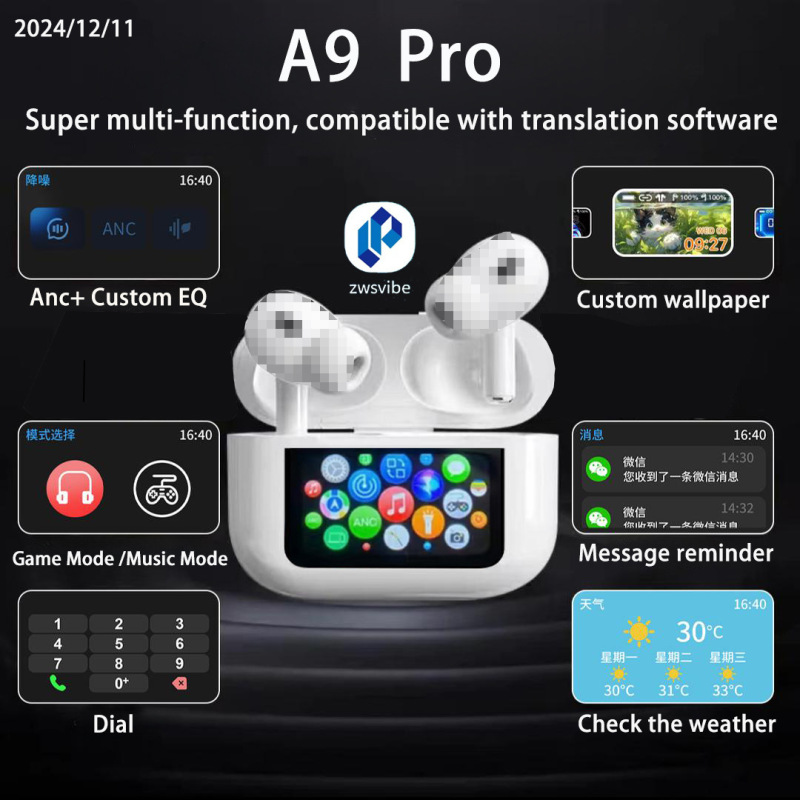 2025 新しい Bluetooth ヘッドセットトップ A9Pro 完全ワイヤレス Bluetooth ヘッドセット ANC ノイズリダクションタッチカラースクリーン Huaqiangbei|undefined