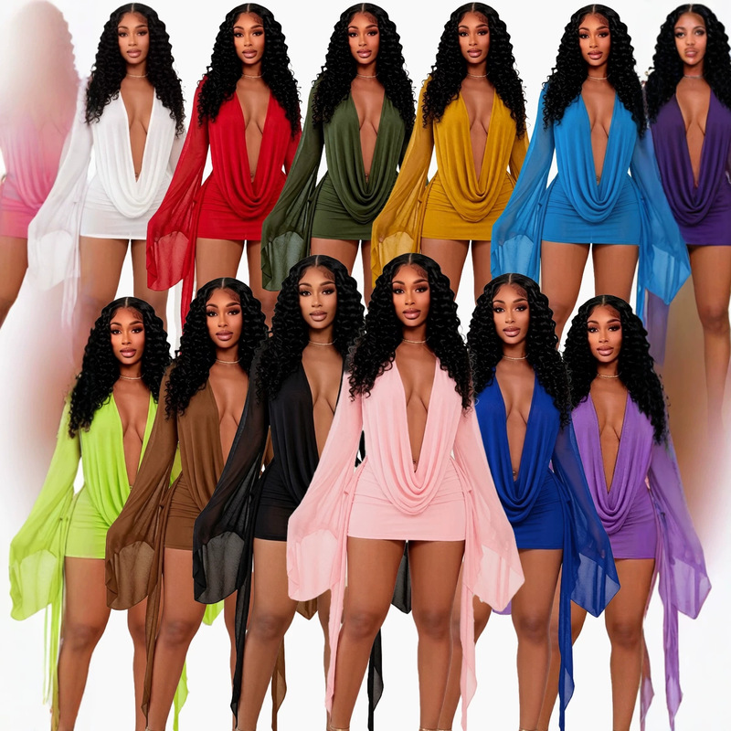 New European and American women's fashion cross-border mesh dress, sexy sheer flowy bell-sleeve deep V-neck beach dress for vacation