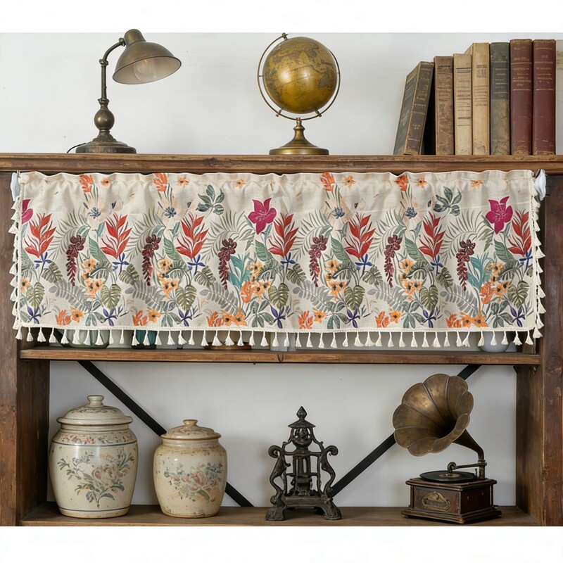 American-Style Floral Cotton and Linen Coffee Curtains, Farmhouse Homestay Kitchen Short Curtains, Partition Curtains, Half Curtains, Self-Adhesive Pastoral Curtains Wholesale