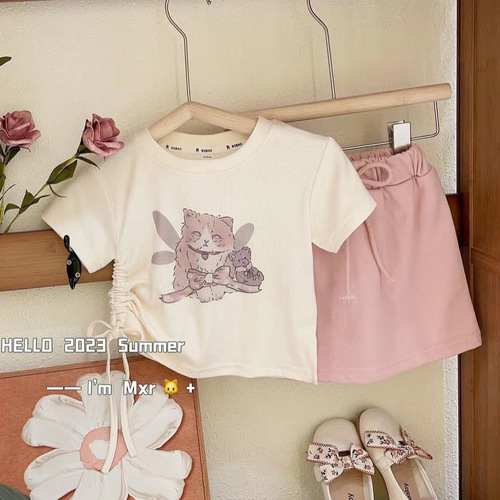 Sweet and Cool Cat Style Cat T-shirt Set Design-Savvy Minority Drawstring Two-Piece Summer Outfit for Girls