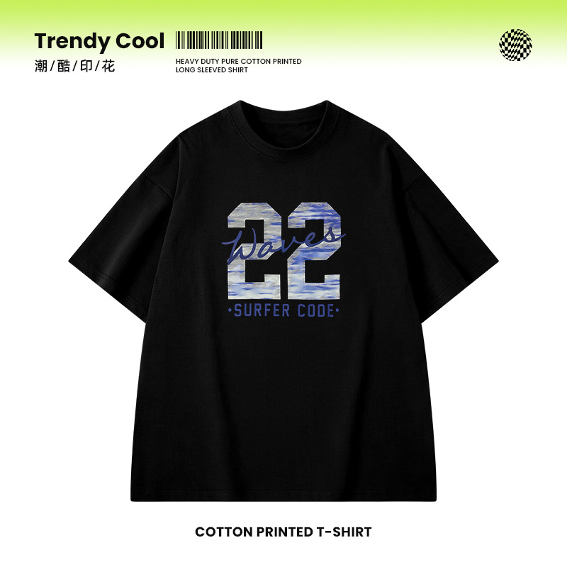 重磅纯棉潮牌个性印花圆领短袖男装宽松休闲百搭外穿黑白T恤男士