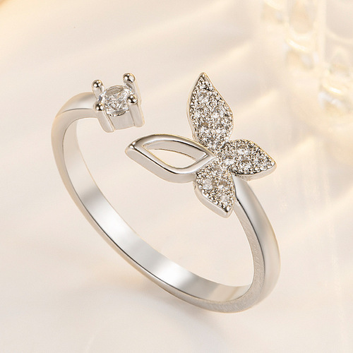 Korean version of 925 hand jewelry for women, simple temperament, fairy butterfly open zircon ring, manufacturer looking for agents.