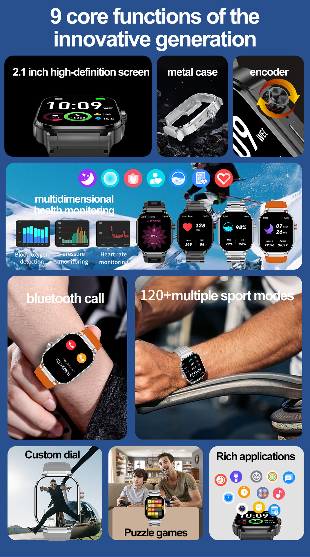 Reloj inteligente G40 de 2,1 pulgadas con pantalla cuadrada Bluetooth para exteriores_voghion.com