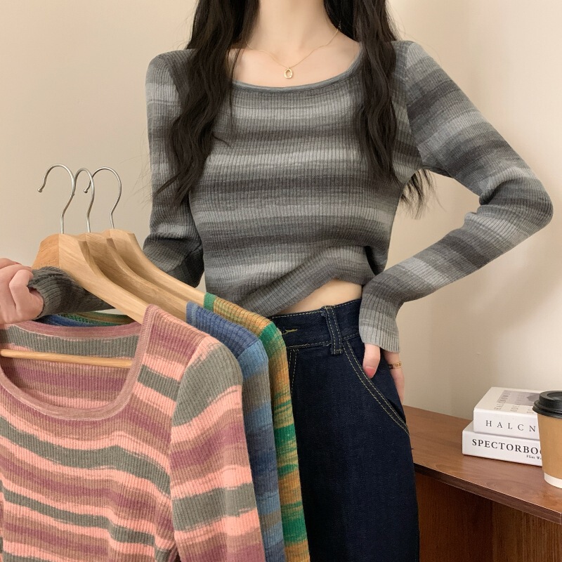 Contrast Color Striped Square-Neck Knitted Base Shirt for Women, 2026 Spring Slim-Fit Slimming Inner Top, Korean Style Versatile Sweater