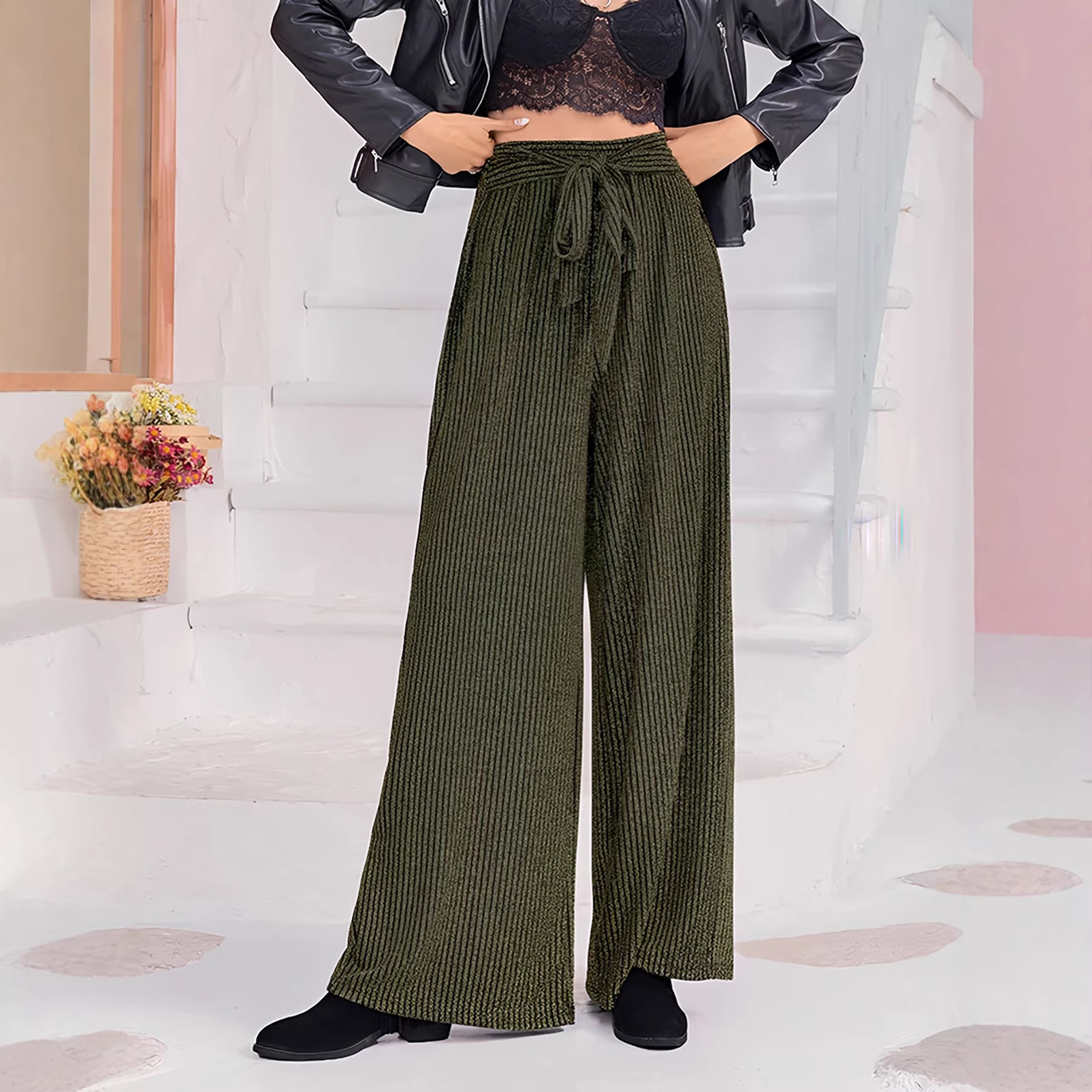 Women's Casual Trousers In Military Green, Relaxed Fit Pull-On Pants With Stylish Asymmetrical Detail_ecoleips.com
