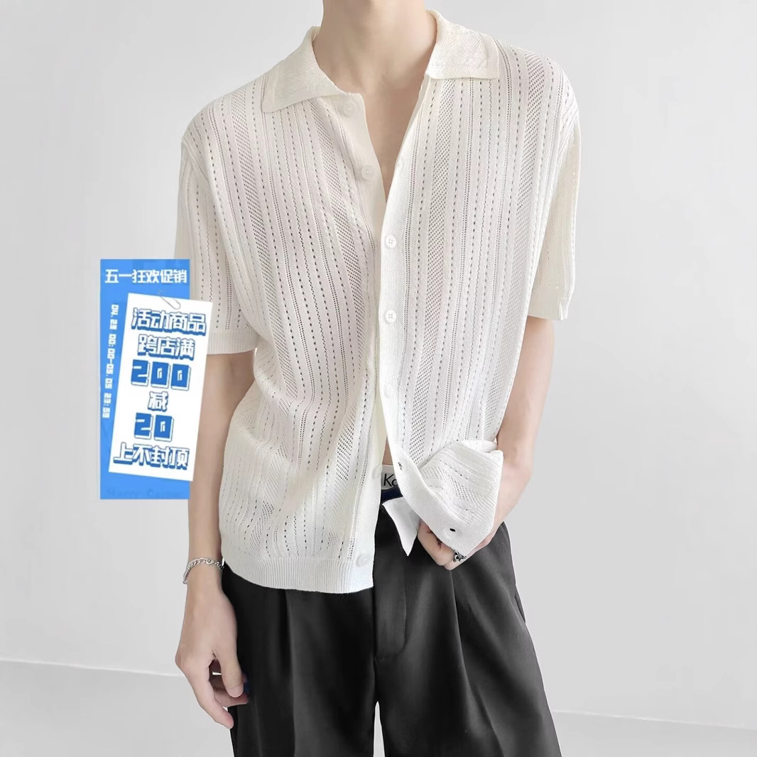 Coreano con solapa hueca de manga corta abstinencia masculina camisa de punto de moda camisa de encaje cardigan camiseta de verano