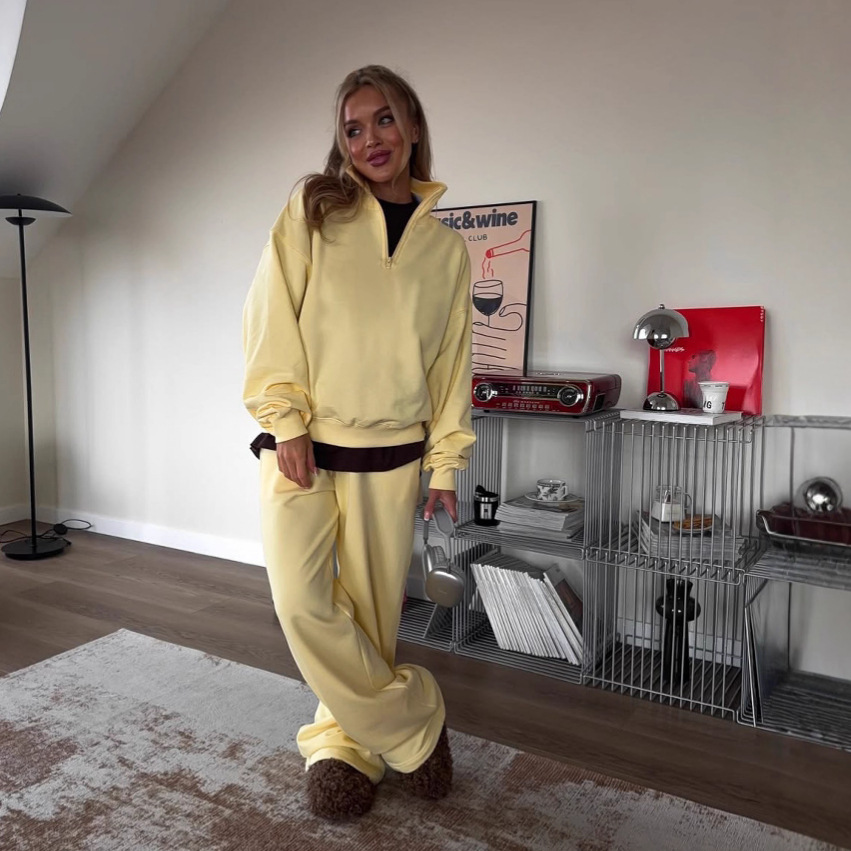 Fashionable Half Open Collar Long-sleeved Sweatshirt Pants Casual Suit...
