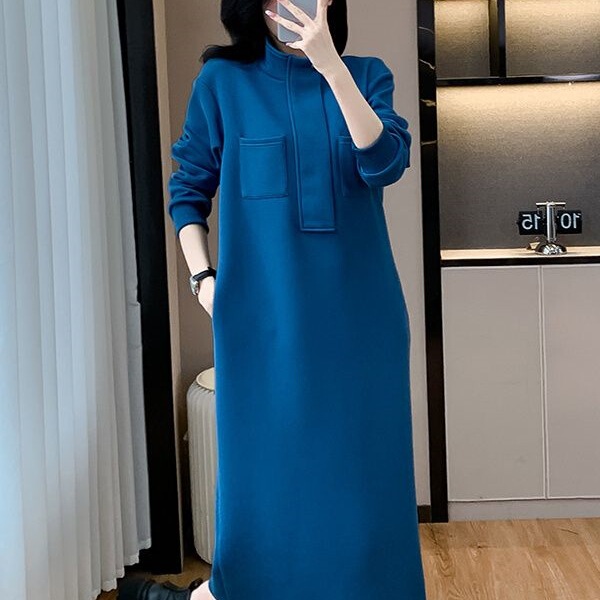 长款过膝休闲卫衣裙女2025秋冬新款大码宽松遮肚百搭立领连衣裙潮|undefined
