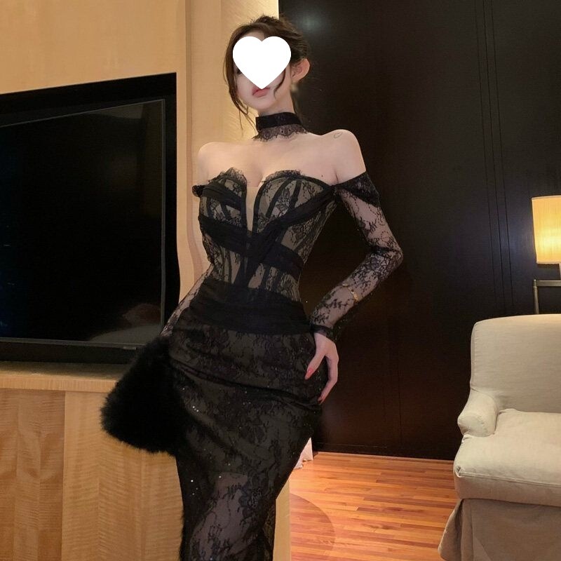 Lace Patchwork Pure Desire Style Long-Sleeve Dress for Women, Winter Slit Little Black Dress, Slim Fit Fishtail Skirt, Bodycon Long Dress