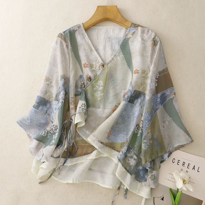 Реевый выстрел 2025 Новый национальный стиль ретро топ Rama двухслойная марля национальный стиль кардиган футболка