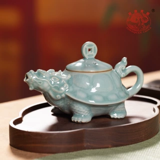 龙泉青瓷汝窑茶壶陶瓷单壶功夫茶具一人用龙龟壶泡茶家用开片可养