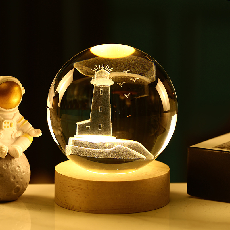 Bola de cristal 3D de la Vía Láctea — grabado interno luminoso con base de madera, luz nocturna decorativa creativa
