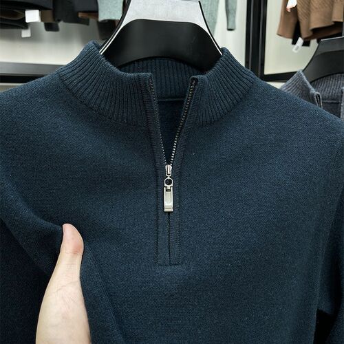 High-end wool sweater for men, half-high collar, zipper, men's thick warm winter solid color top knit sweater, base layer shirt