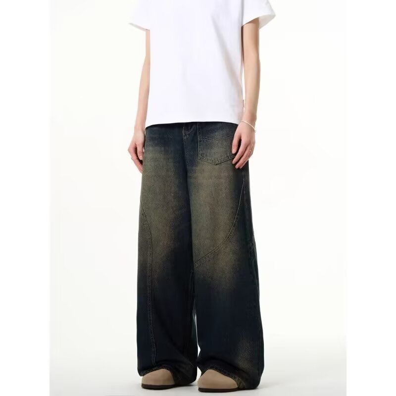 Men's Clothing retro distressed straight jeans for men spring and autumn new high waist loose slim drape high street wide leg pants_ipsvogv.com