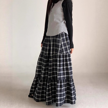 秋季新韩国复古学院风格子拼接大裙摆蓬蓬长裙半身裙日系少女