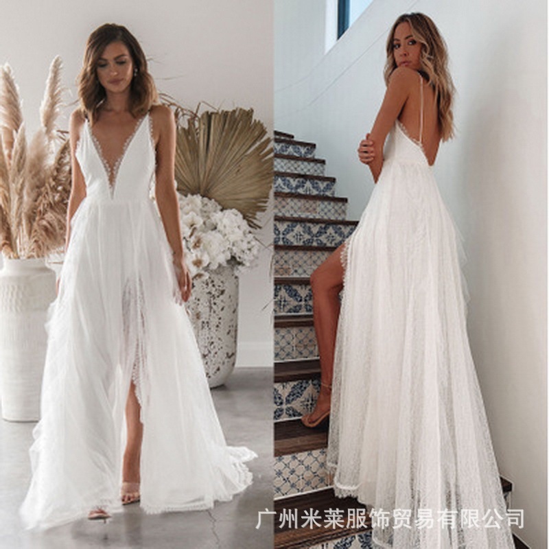 26 Foreign Trade Summer Women's Beach Dress with Large Flared Straps, Slit Dress, Elegant European and American Style